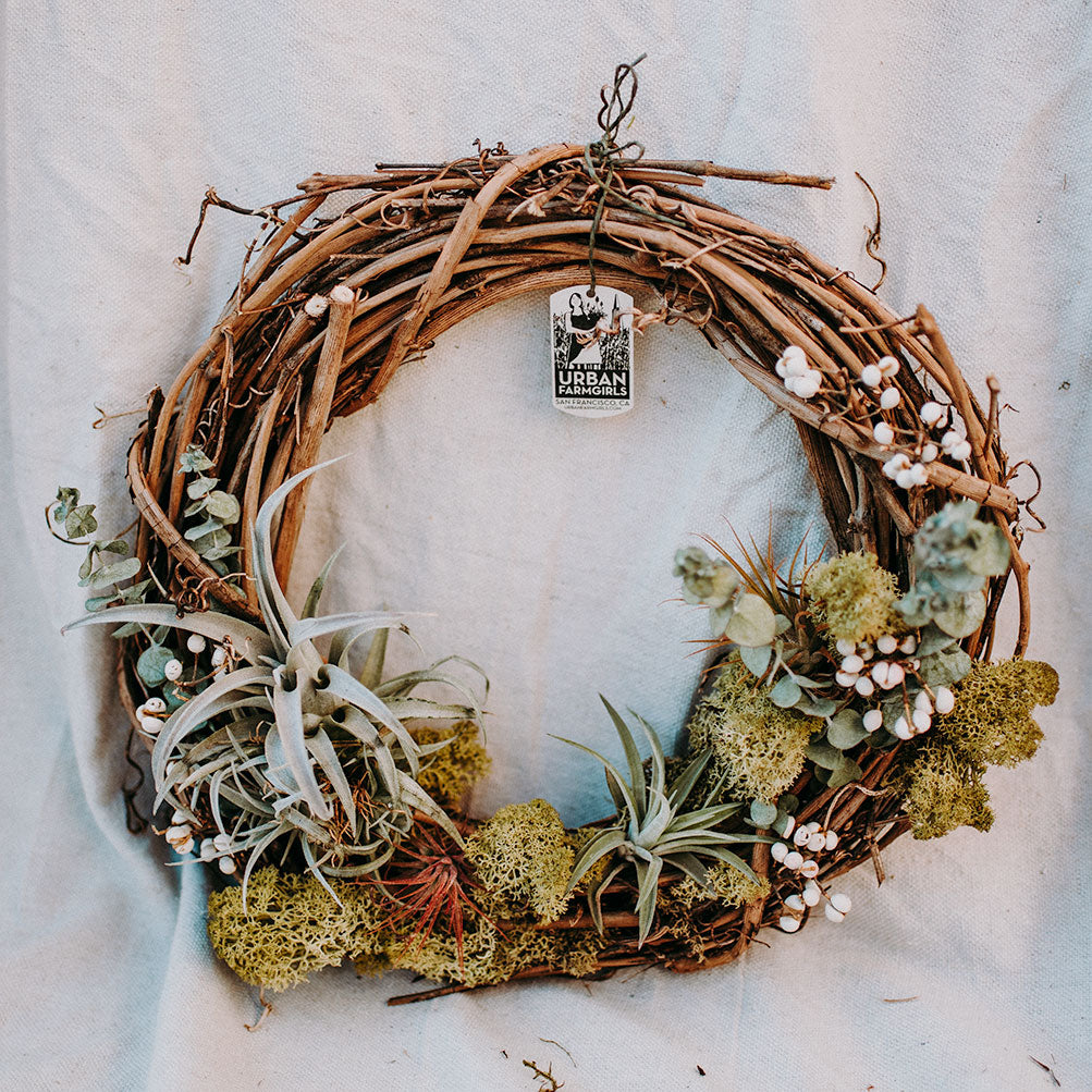 An Urban Farmgirls favorite, it’s perfect for creating a vertical garden indoors and out. Made from grapevine trimmings from the California wine country. Green moss, dried flowers, sweet smelling locally sourced eucalyptus and drought tolerant air plants adorn the bottom half of the wreath while the top half is exposed woven grapevines. It’s easy to care for and long-lasting. Each piece is unique and plants will vary slightly. 12” diameter. Send the perfect living green gift.