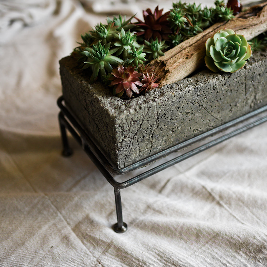 Made from our handmade lightweight Pozzola pottery. This bespoke living tablescape is a modern organic shape, a long thin rectangle, it fits beautifully down the center of a table, it’s a pale grey color with the feel and texture of stone and comes with a simple hand forged metal stand. Each unique piece uses locally sourced drought tolerant succulents. This makes it easy to create a sustainable garden inside and out, plant care made easy, drought tolerant living arrangements that last for years.